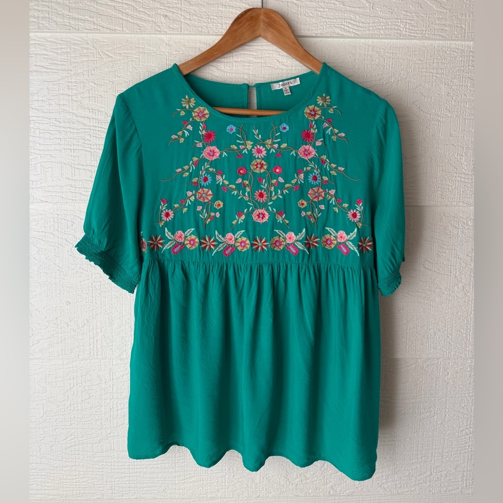 Jodifl Embroidered Floral Boho Blouse Teal Green Size S